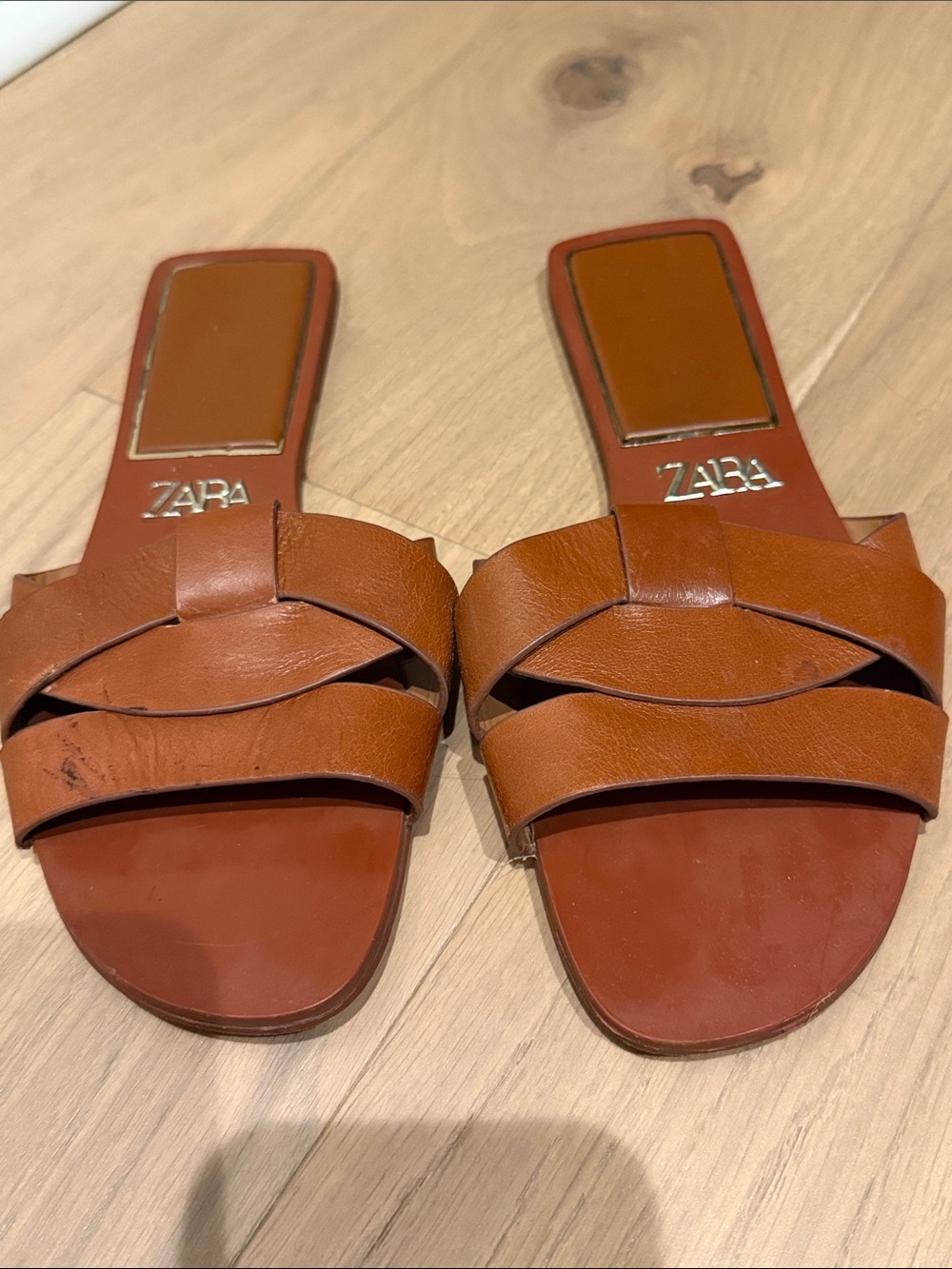 ZARA Cognac Braided Leather Slide Mules